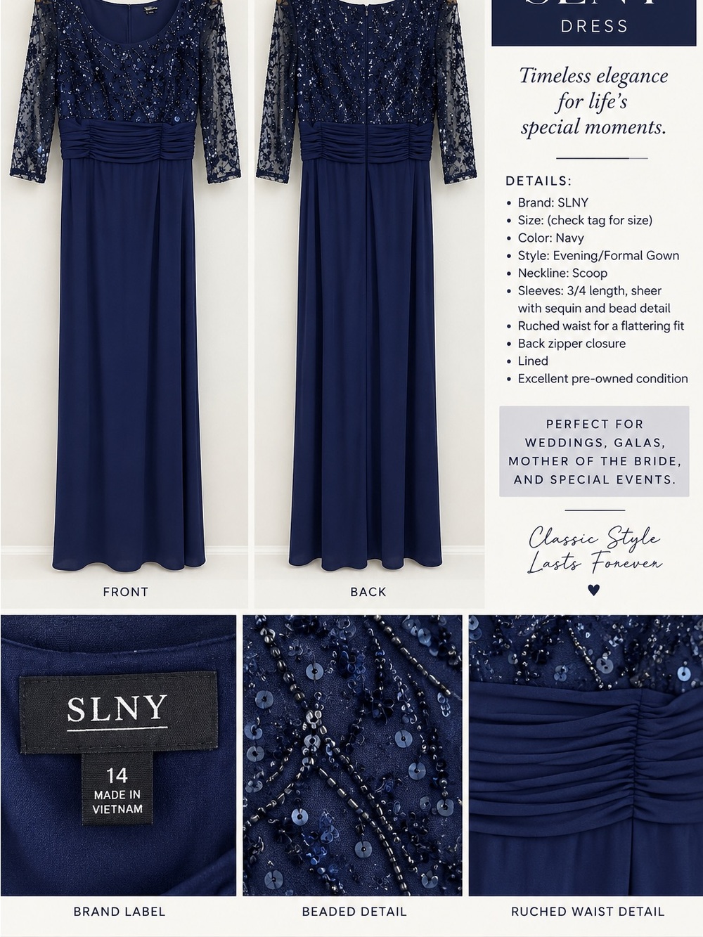 SLNY Navy Beaded Long Sleeve Evening Gown
